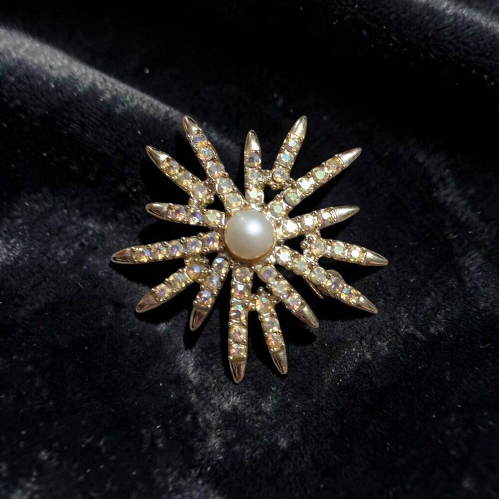 Vintage Emmons Gold Tone Starburst Brooch, Faux Pearl & Aurora Borealis Brooch